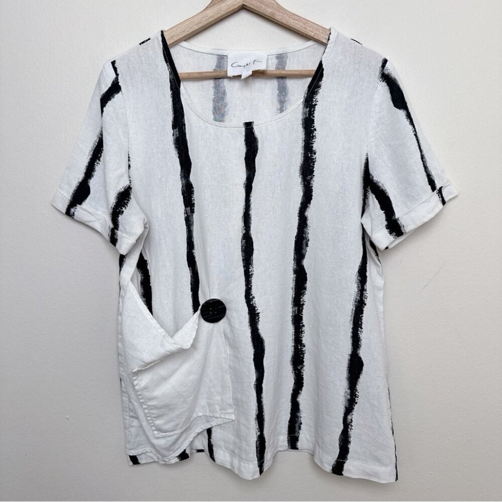 Compli K Womens Small Linen Striped Short Sleeve Lagenlook Patch Pocket Top - Picture 3 of 13
